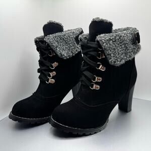 Women Military Furry Winter Warm Ankle Boots High Heels Lace-up Shoes Size 6.5